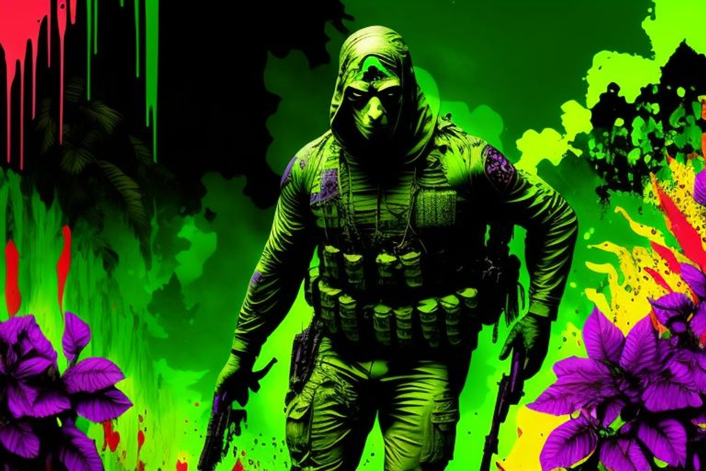 Prompt: Animated cartoon, Comic Book, vivid color ((((Graphic Novel)))), Jungle Camouflaged tattoo style Soldiers (((firing weapons))), head to toe, (((((faces painted green colors)))))(((gore)))), (((((((blood))))), (((((horror)))) in a dark green dense jungle, comic characters, highly detailed, professional, muted colors abstract, acrylic, shiny, matte, random action, intense,, intricate detail, vivid color, action, random, modelshoot style, Intricate, High Detail, dramatic, masterpiece, hard edge, breathtaking, insanely detailed, lush detail, trending on artstation, award-winning, shiny, smooth, surreal, volumetric f