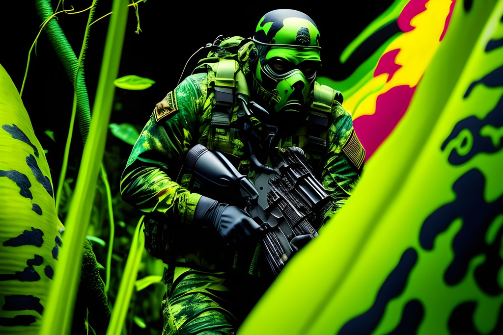 Prompt: Animated cartoon, Comic Book, vivid color ((((Graphic Novel)))), Jungle Camouflaged tattoo style Soldiers (((firing weapons))), head to toe, (((((faces painted green colors)))))(((gore)))), (((((((blood))))), (((((horror)))) in a dark green dense jungle, comic characters, highly detailed, professional, muted colors abstract, acrylic, shiny, matte, random action, intense,, intricate detail, vivid color, action, random, modelshoot style, Intricate, High Detail, dramatic, masterpiece, hard edge, breathtaking, insanely detailed, lush detail, trending on artstation, award-winning, shiny, smooth, surreal, volumetric f