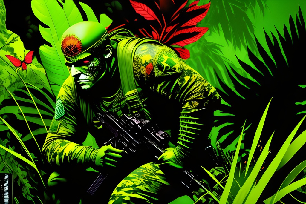 Prompt: Animated cartoon, Comic Book, vivid color ((((Graphic Novel)))), Jungle Camouflaged tattoo style Soldiers (((firing weapons))), head to toe, (((((faces painted green colors)))))(((gore)))), (((((((blood))))), (((((horror)))) in a dark green dense jungle, comic characters, highly detailed, professional, muted colors abstract, acrylic, shiny, matte, random action, intense,, intricate detail, vivid color, action, random, modelshoot style, Intricate, High Detail, dramatic, masterpiece, hard edge, breathtaking, insanely detailed, lush detail, trending on artstation, award-winning, shiny, smooth, surreal, volumetric f