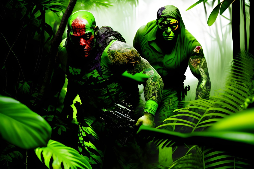 Prompt: Animated cartoon, Comic Book, vivid color ((((Graphic Novel)))), Jungle Camouflaged tattoo style Soldiers (((firing weapons))), head to toe, (((((faces painted green colors)))))(((gore)))), (((((((blood))))), (((((horror)))) in a dark green dense jungle, comic characters, highly detailed, professional, muted colors abstract, acrylic, shiny, matte, random action, intense,, intricate detail, vivid color, action, random, modelshoot style, Intricate, High Detail, dramatic, masterpiece, hard edge, breathtaking, insanely detailed, lush detail, trending on artstation, award-winning, shiny, smooth, surreal, volumetric f