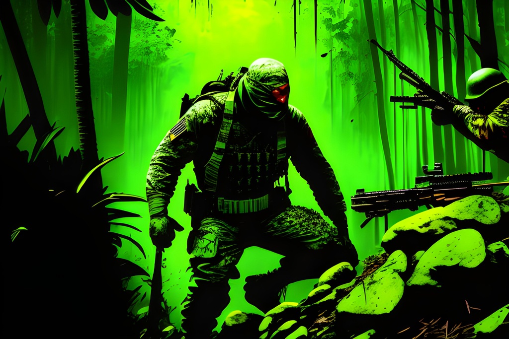 Prompt: Animated cartoon, Comic Book, vivid color ((((Graphic Novel)))), Jungle Camouflaged tattoo style Soldiers (((firing weapons))), head to toe, (((((faces painted green colors)))))(((gore)))), (((((((blood))))), (((((horror)))) in a dark green dense jungle, comic characters, highly detailed, professional, muted colors abstract, acrylic, shiny, matte, random action, intense,, intricate detail, vivid color, action, random, modelshoot style, Intricate, High Detail, dramatic, masterpiece, hard edge, breathtaking, insanely detailed, lush detail, trending on artstation, award-winning, shiny, smooth, surreal, volumetric f