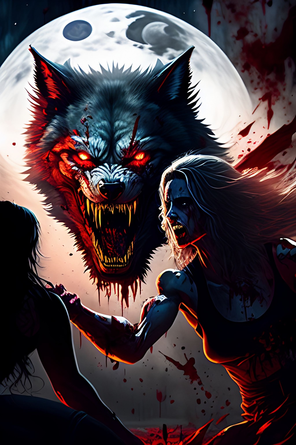 Prompt: Graphic Novel, Comic book, muted colors, blood+++, scary+++, gore+++, horror++,menacing, Attacking, Toned, Ripped, Werewolf claws chasing a young terrified++ screaming woman+++, beaming moon, perfectly drawn claws, hands,+++++ Acrylic, vivid colors, hard shadows, highly detailed, intricate detail, cinematic lighting, artstation, random action [poorly drawn claws++, incorrectly drawn physique, extra people, poorly drawn earrings, double tongues, badly drawn mouths, bad anatomy, extra legs, extra arms, extra fingers, poorly drawn hands, poorly drawn feet, disfigured+++, out of frame, tiling, bad art, deformed+++, mutated, bad legs, bad arms, bad heads, double eyes, ugly, poorly drawn face, poorly drawn hands++++, poorly drawn eyes, deformed, deformed face, deformed eyes, extra face, extra hands, fused fingers, messy drawing, broken legs, mutated hands and doubled headed, extra legs, fingers, mutation, poorly drawn, duplicate, morbid,  out of frame, extra fingers, mutated hands, blurry, bad anatomy, bad proportions, extra limbs, cloned face, disfigured. out of frame,  extra limbs, gross proportions, malformed limbs, missing arms, missing legs, extra arms, extra legs, mutated hands, fused fingers, too many fingers, long neck, low res, bad hands, text, error, missing fingers,  extra digit, fewer digits, cropped, worst quality, low quality, normal quality, jpeg artifacts, signature, harsh lighting, watermark, username, mutilated]