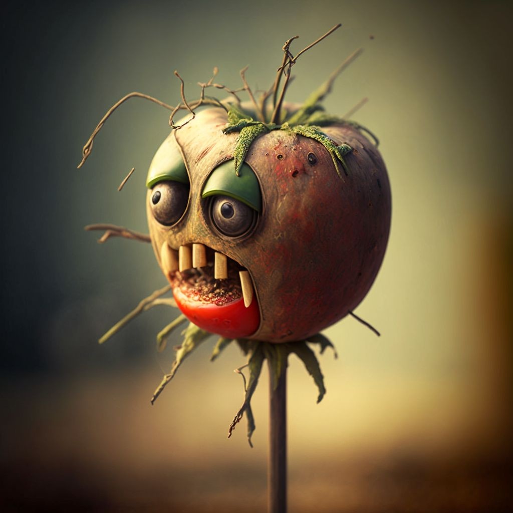 Prompt: rotting tomato head on a stick