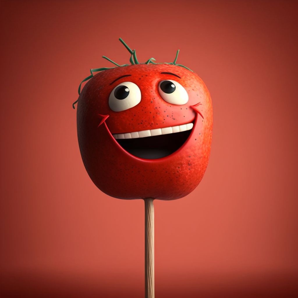 Prompt: happy red tomtato head on a stick