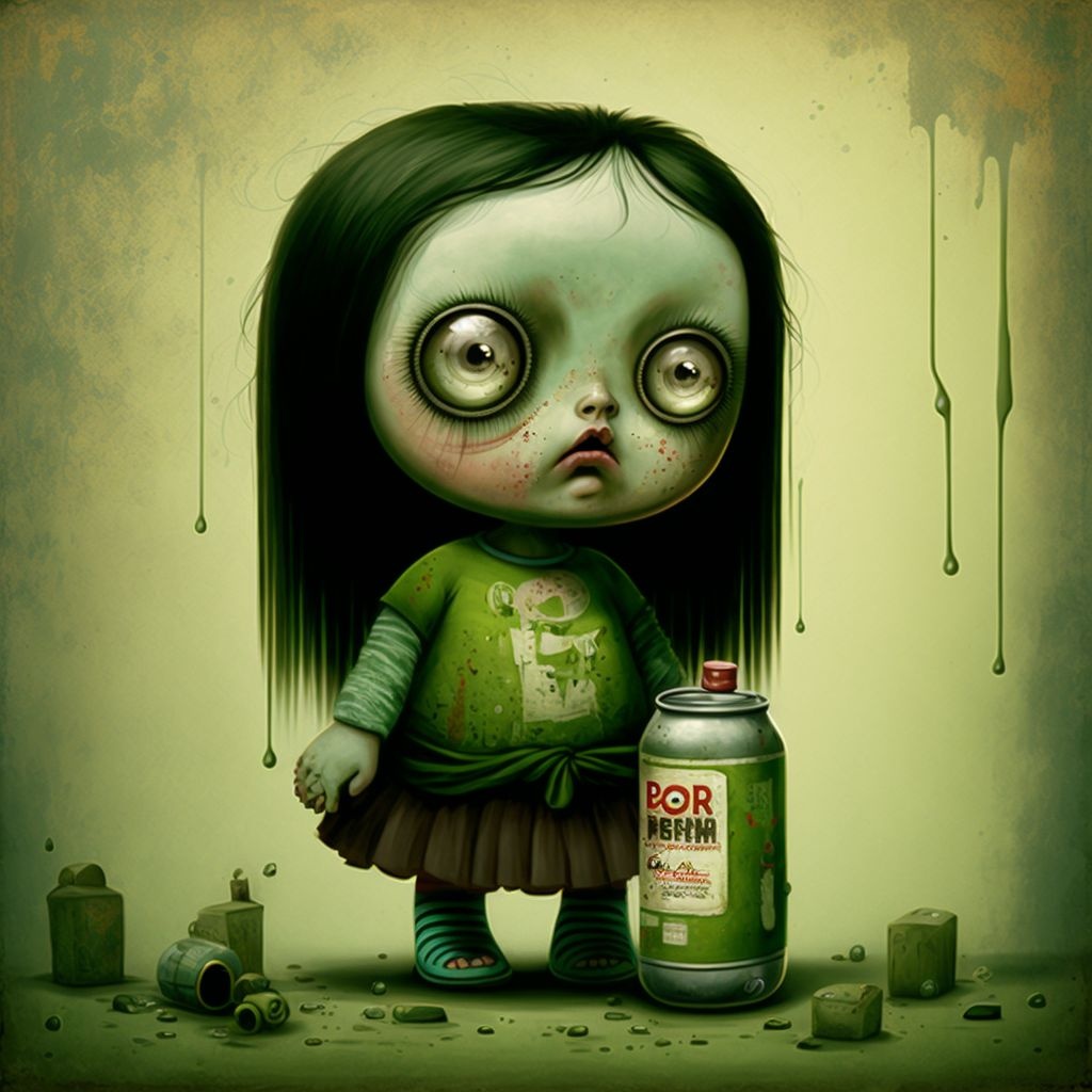 Prompt: a painting of a woman holding a can of soda, digital art, inspired by Mark Ryden, deviantart contest winner, anton semenov, trending on deviantarthq”, monalisa, vinyl toy figurine, dilapidated look, heavy green, nvidia and behance, portrait of evil girl, fernando guerra, begging, garbage pail kids style