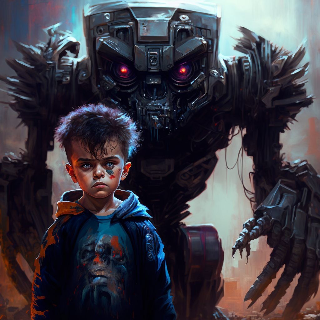 Prompt: a little boy standing in front of a giant robot, cyberpunk art, by Jason Benjamin, digital art, jim carrey as terminator, wadim kashin. ultra realistic, garbage pail kids style, portrait of terminator, cyborg kitten, rossdraws and boris vallejo, cyborg - zombie, over detailed art, the mekanik doll, background artwork