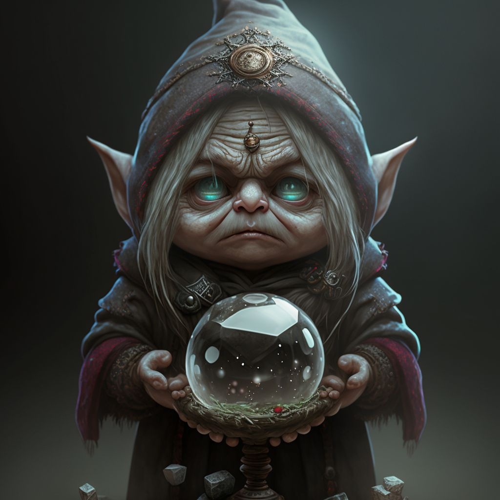 Prompt: a cartoon character dressed as a wizard with a crystal ball, by Pablo Munoz Gomez, cgsociety contest winner, beautiful grumpy girl, is evil gremlin, super realistic gritty, garbage pail kids style, anton semenov, bussiere rutkowski andreas rocha, lowres, real life big mom, grim-hatter, kids