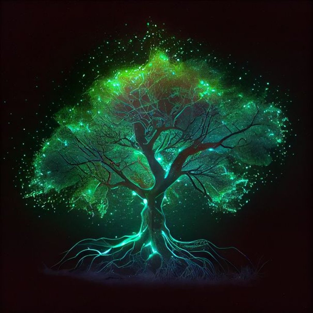 ethereal, tree of life, large glowing neon green ele