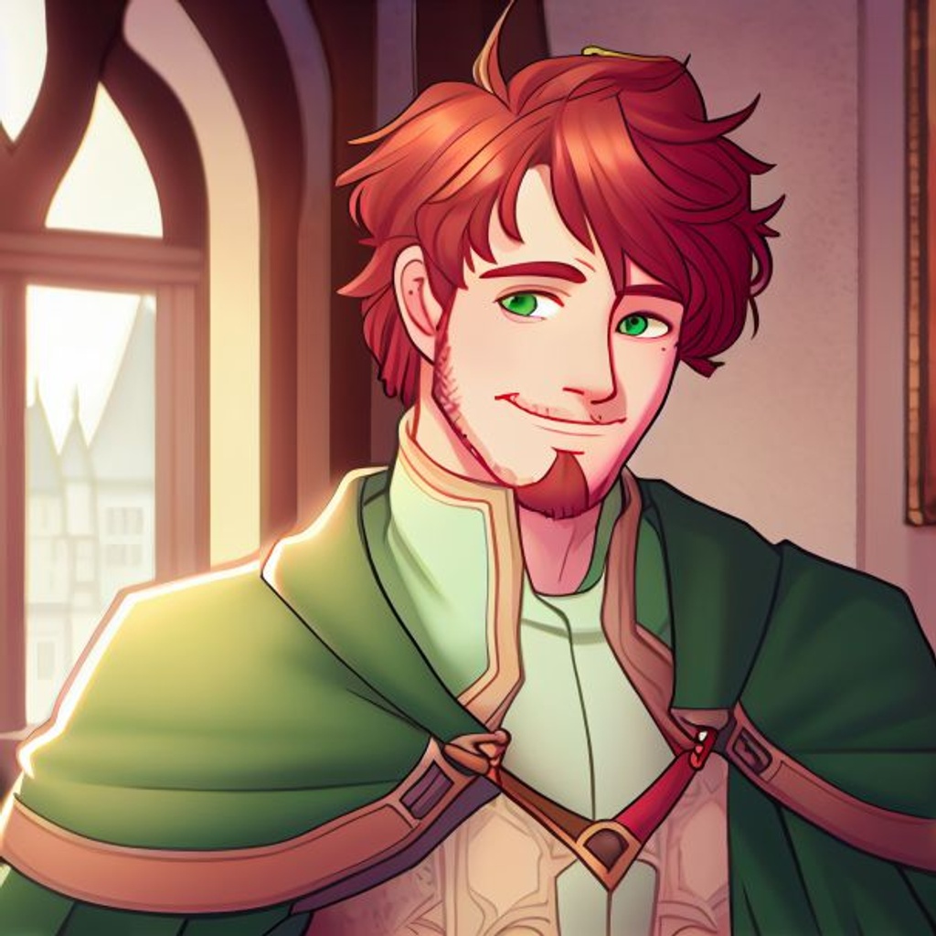 Prompt: mature man, short hair, wavy messy ginger hair, hair over one eye, man, brown eyes, bedroom eyes, smirk, full blush, hearts over head, Medieval green tunic with red lacing