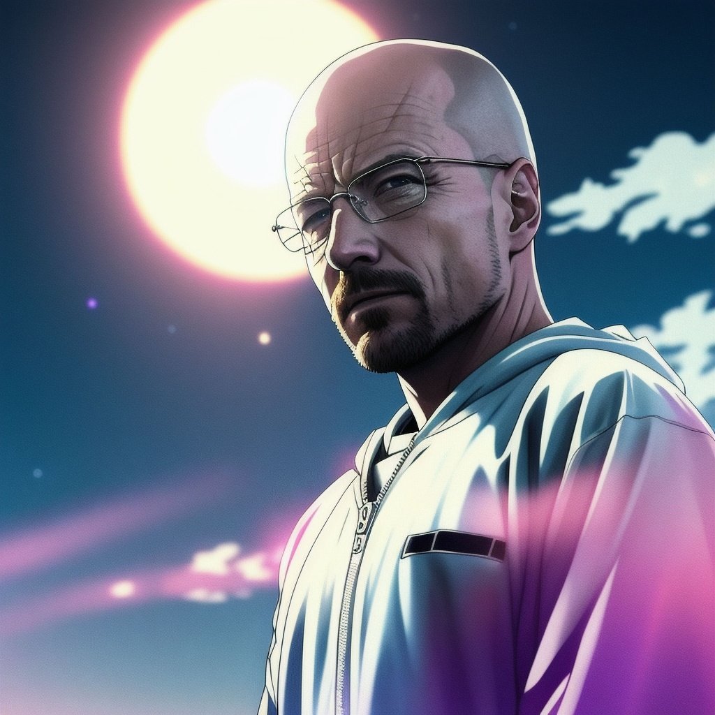Prompt: walter white portrait, from breaking bad portrait, octane ultra detailed render, detailed particles, aesthetic, dispersion, beautiful night sky, delicate, aesthetic album cover, side view, midjourney, painterly look, anamorphic film look, lens flares, interesting, creative, calm yet beautiful, realistic anime, sunset, iphone wallpaper, bokeh, anime, painting, 	An alignment of 3 celestial bodies, realistic ultra, 	Yearning or desire, breaking bad, dark aesthetic, tough choices, money, anime look, anime style, anime best graphic realistic, gta loading screen