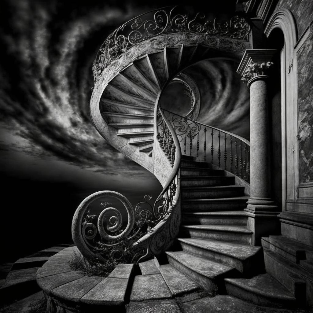 Prompt: swirled infnite stairway, black and white