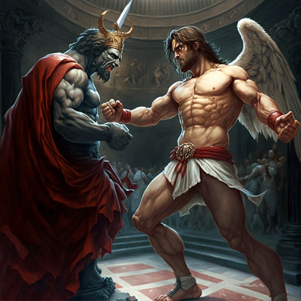 Prompt: jesus vs demon, boss fight