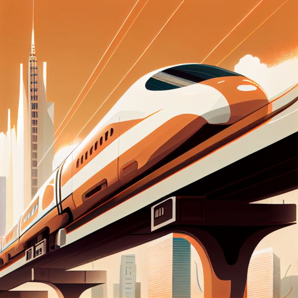 Prompt: orange and white bullet train traveling on a long copper colored bridge over a big city far below it, realistic