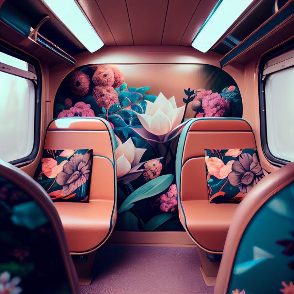 Prompt: interior of a futuristic train with fancy leather interior and floral wallpaper