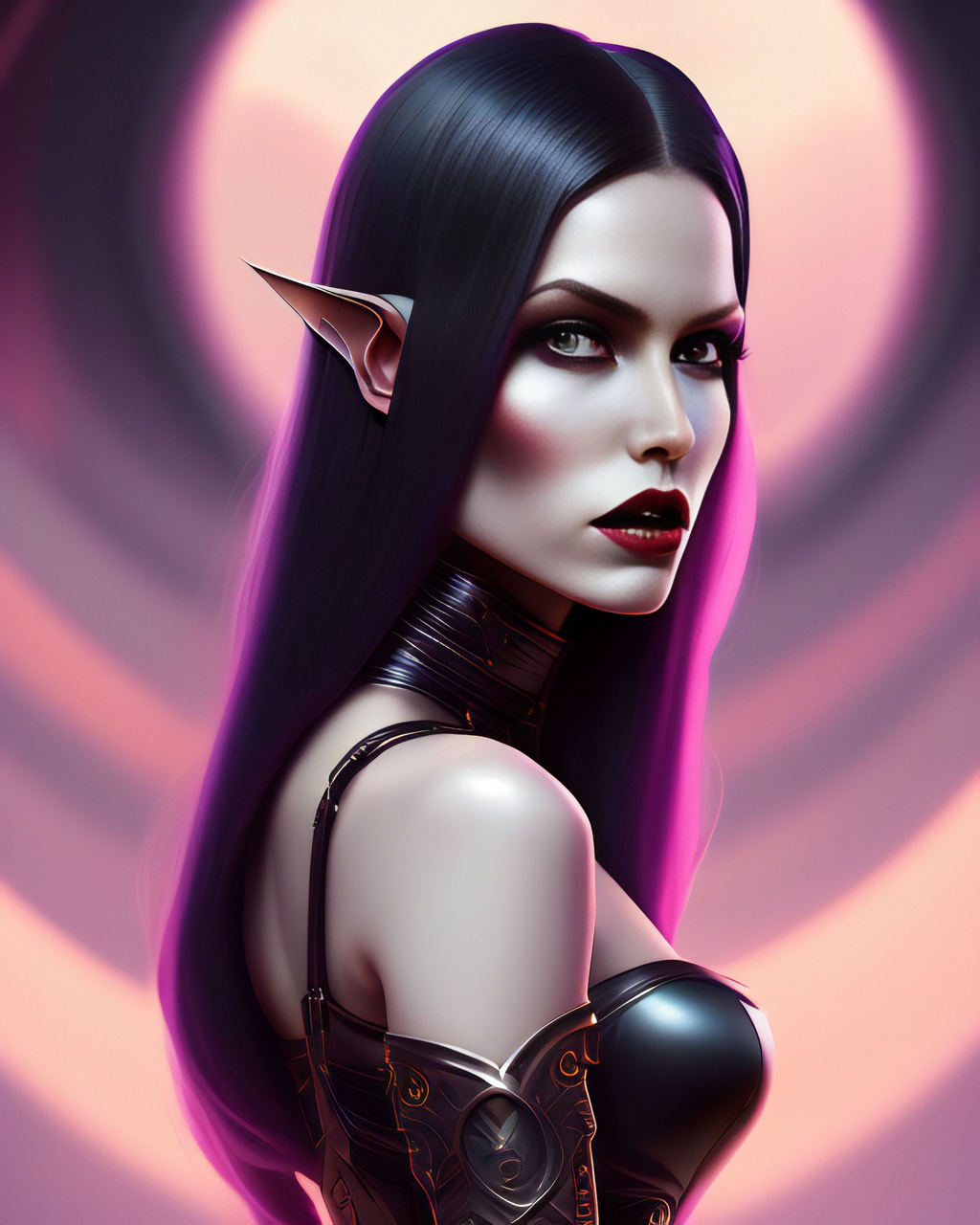 Prompt: highest quality dark elf vampire princess, plump full lips, long haired, corset, victorian dress, castle, ultra sharp, smooth, sharp focus, highly-detailed symmetric face, poster art, artstation hq, behance hd, artforum, on display in The National Gallery, Burlington Magazine, ArtGothic