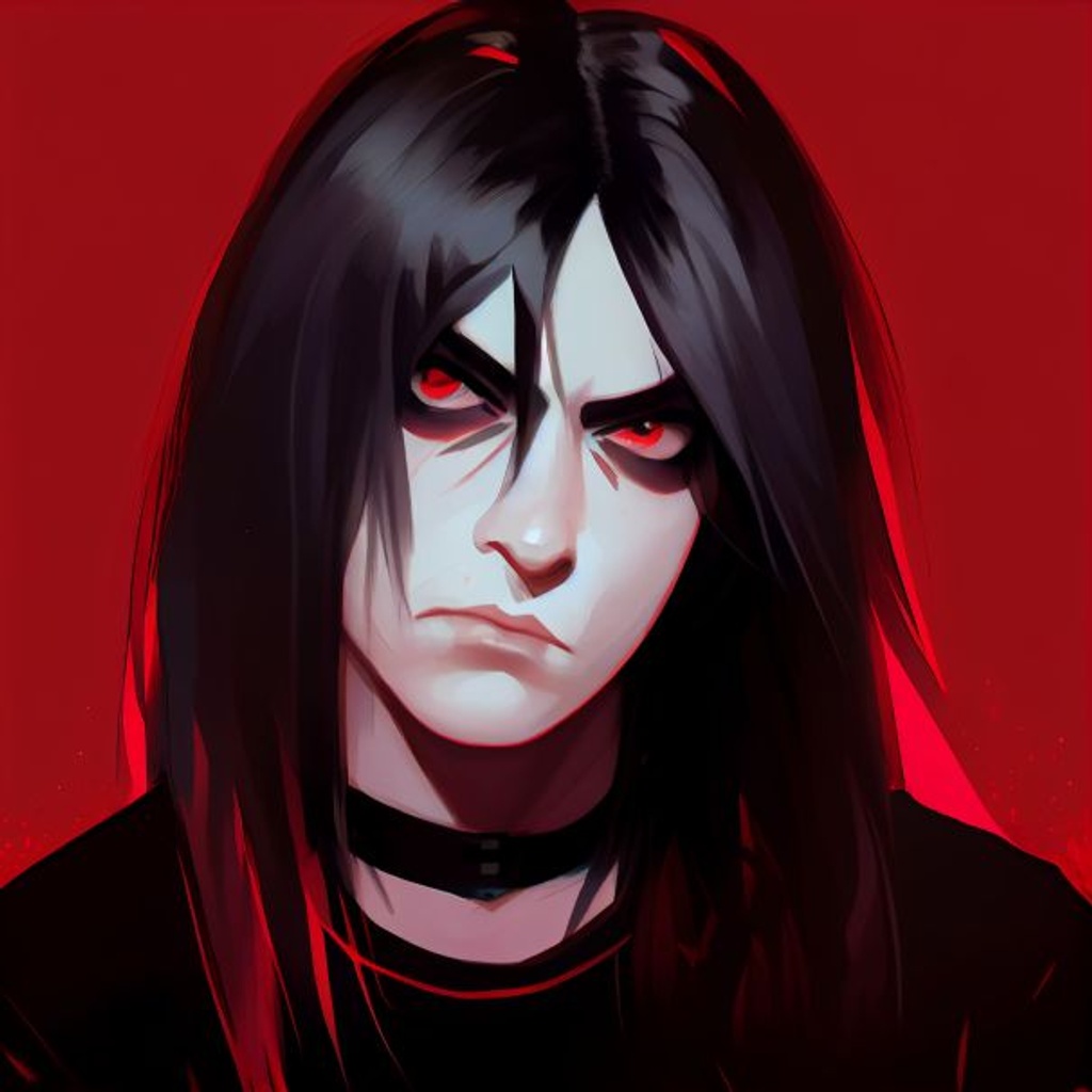 Prompt: portrait, emo man who looks absolutely done with the world, long black straight hair falling infront of one eye, annoyed expression, one side of his mouth raised in a smirk + other side lowered in a frown, Black band T-shirt, rolling his red eyes, heavy black make-up, dramatic angle