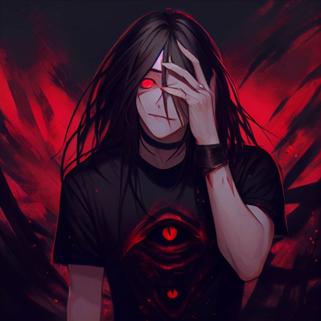 Prompt: portrait, emo man who looks absolutely done with the world, long black straight hair falling infront of one eye, annoyed expression, one side of his mouth raised in a smirk + other side lowered in a frown, Black band T-shirt, rolling his red eyes, heavy black make-up, dramatic angle