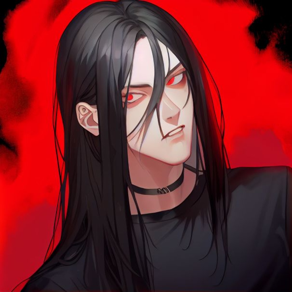 Prompt: portrait, emo man who looks absolutely done with the world, long black straight hair falling infront of one eye, annoyed expression, one side of his mouth raised in a smirk + other side lowered in a frown, Black band T-shirt, rolling his red eyes, heavy black make-up, dramatic angle