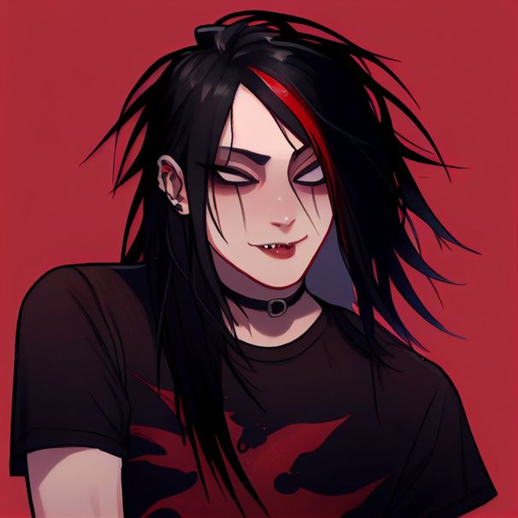 Prompt: portrait, emo man who looks absolutely done with the world, long black straight hair falling infront of one eye, annoyed expression, one side of his mouth raised in a smirk + other side lowered in a frown, Black band T-shirt, rolling his red eyes, heavy black make-up, dramatic angle