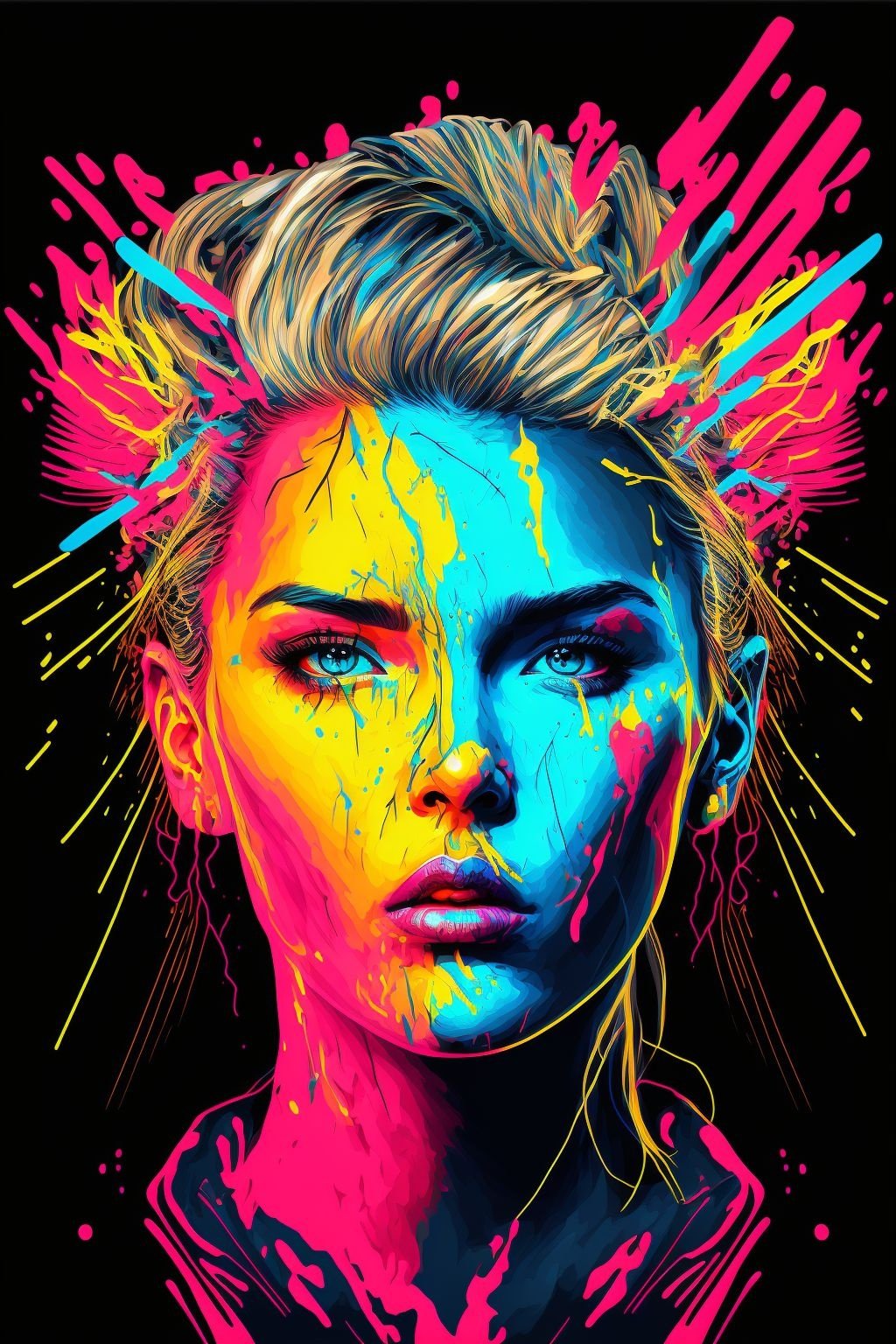 Prompt: a portrait of a woman full of anxiety, illustration, vector, neon bright colors, ultra detailed, centered, no background, graffiti portrait --ar 2:3