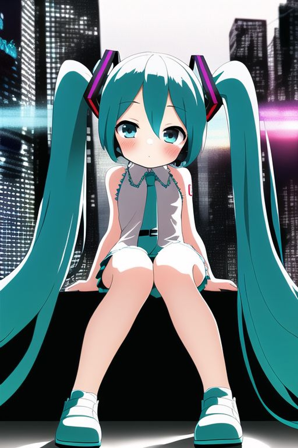 Prompt: hatsune miku, cyberpunk, neon, younger