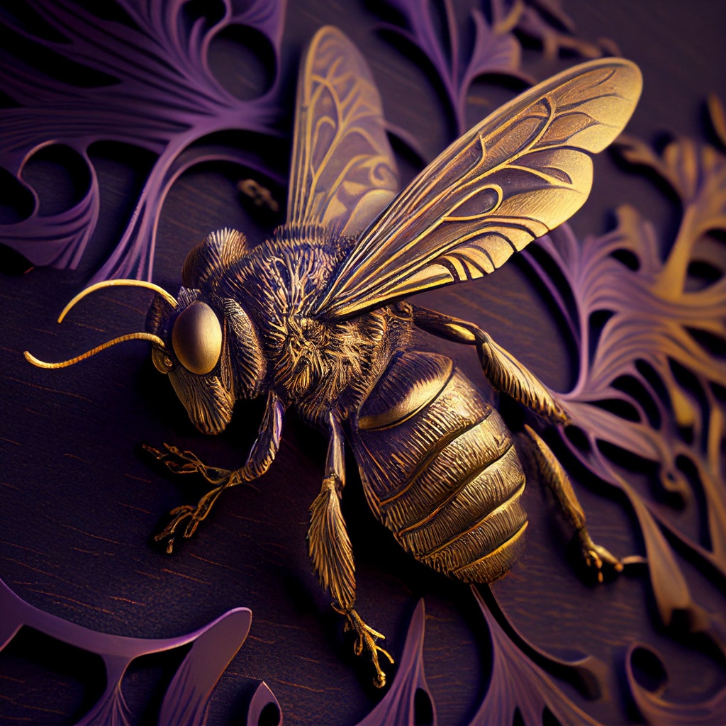 Prompt: metallic carving of a honey bee