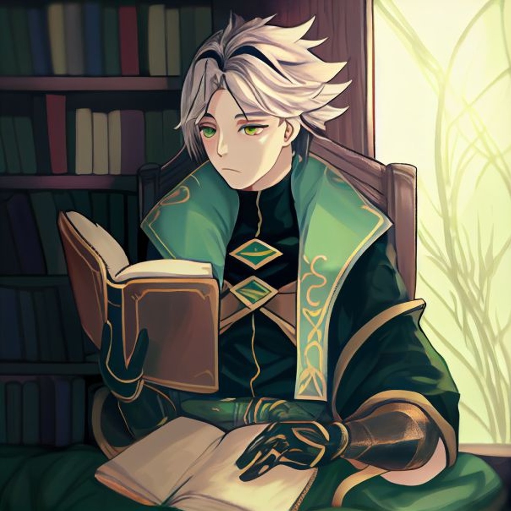 Prompt: a hot guy with short silver hair and green eyes dressed in entirely too much fabric (The fabric is green and black) reading a book, pompous, arrogant, scholar, alhaitam