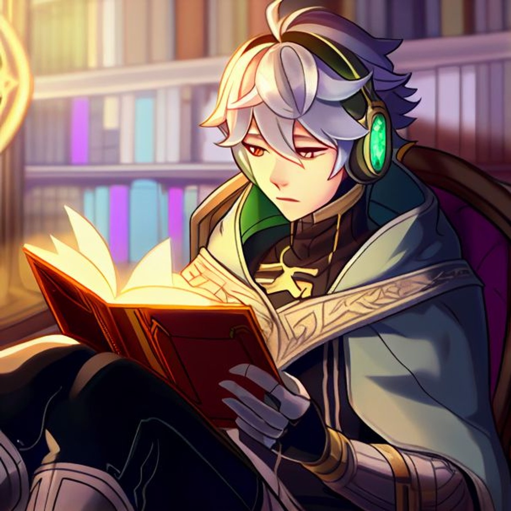 Prompt: a hot guy with short silver hair and green eyes dressed in entirely too much fabric (The fabric is green and black) reading a book, wearing golden headphones, pompous, arrogant, scholar, alhaitam