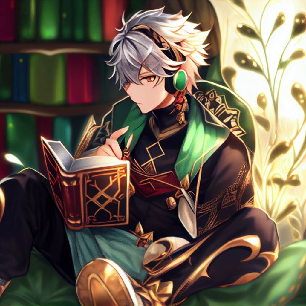 Prompt: a hot guy with short silver hair and green eyes dressed in entirely too much fabric (The fabric is green and black) reading a book, golden headphones, pompous, arrogant, scholar, alhaitam