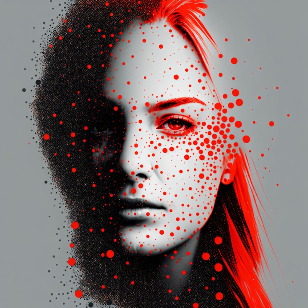 Prompt: red vector girl made of dots dissolve in a gray world