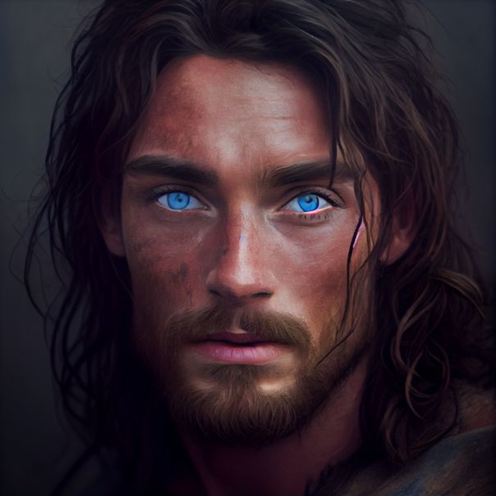 Prompt: jesus + Aragon from Lord of the rings, bright blue eyes, sharp cheek bones, wavy messy hair, very masculine, covered in grime