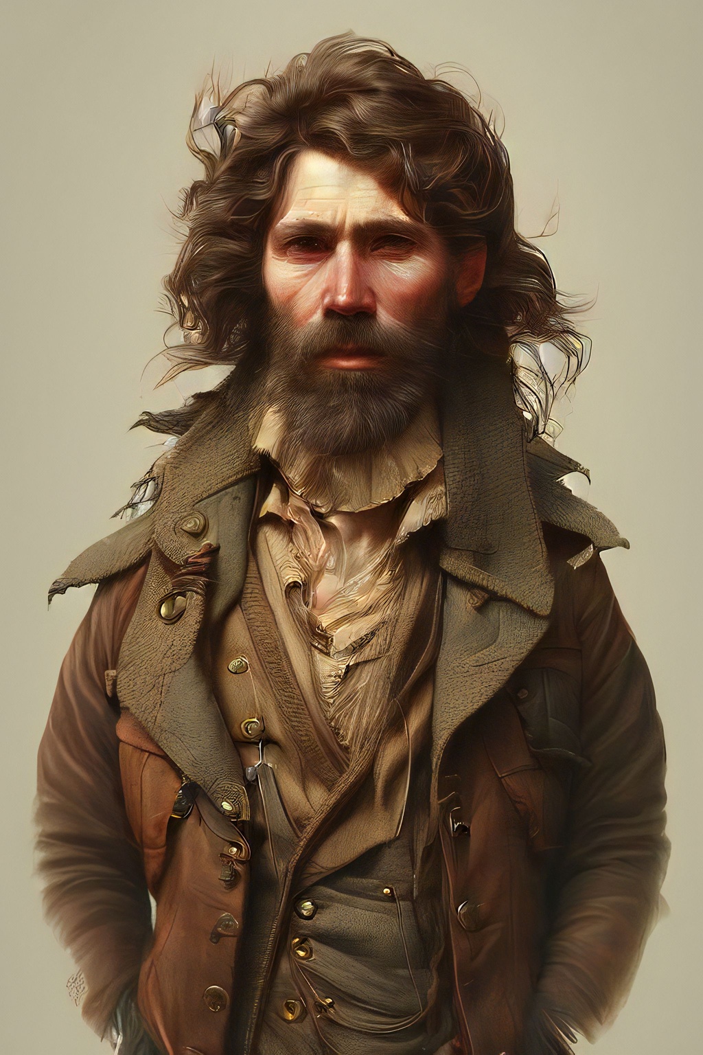 Prompt: highest quality portrait of a rugged 19th century man in a jacket, victorian, detailed face, fantasy, close up face, highly detailed, cinematic lighting, digital art painting by Olga Skomorokhova, ultra sharp, smooth sharp focus, artstation hq, behance hd, trending on artforum, on display