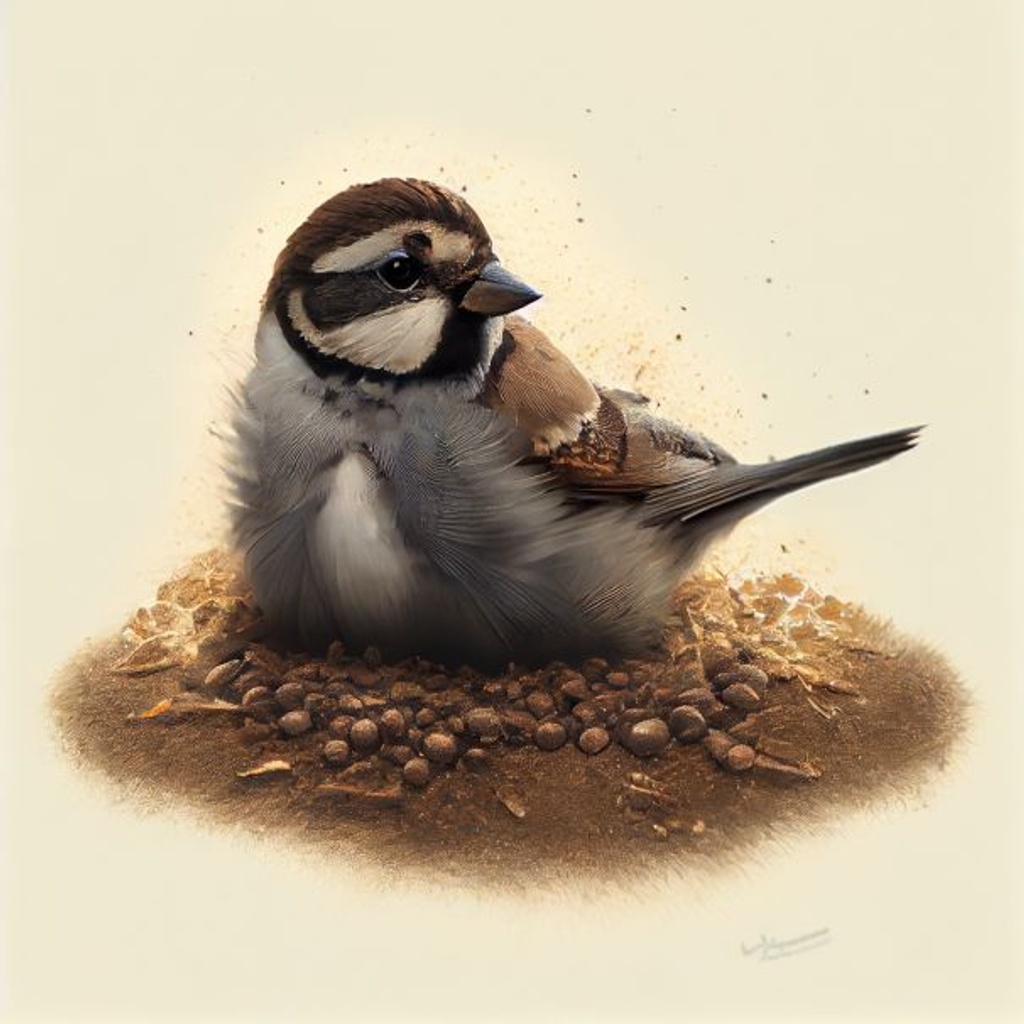 Prompt: a very pregnant sparrow with the largest rounded belly, belly is dragging on ground, surrounded by a pile of seeds