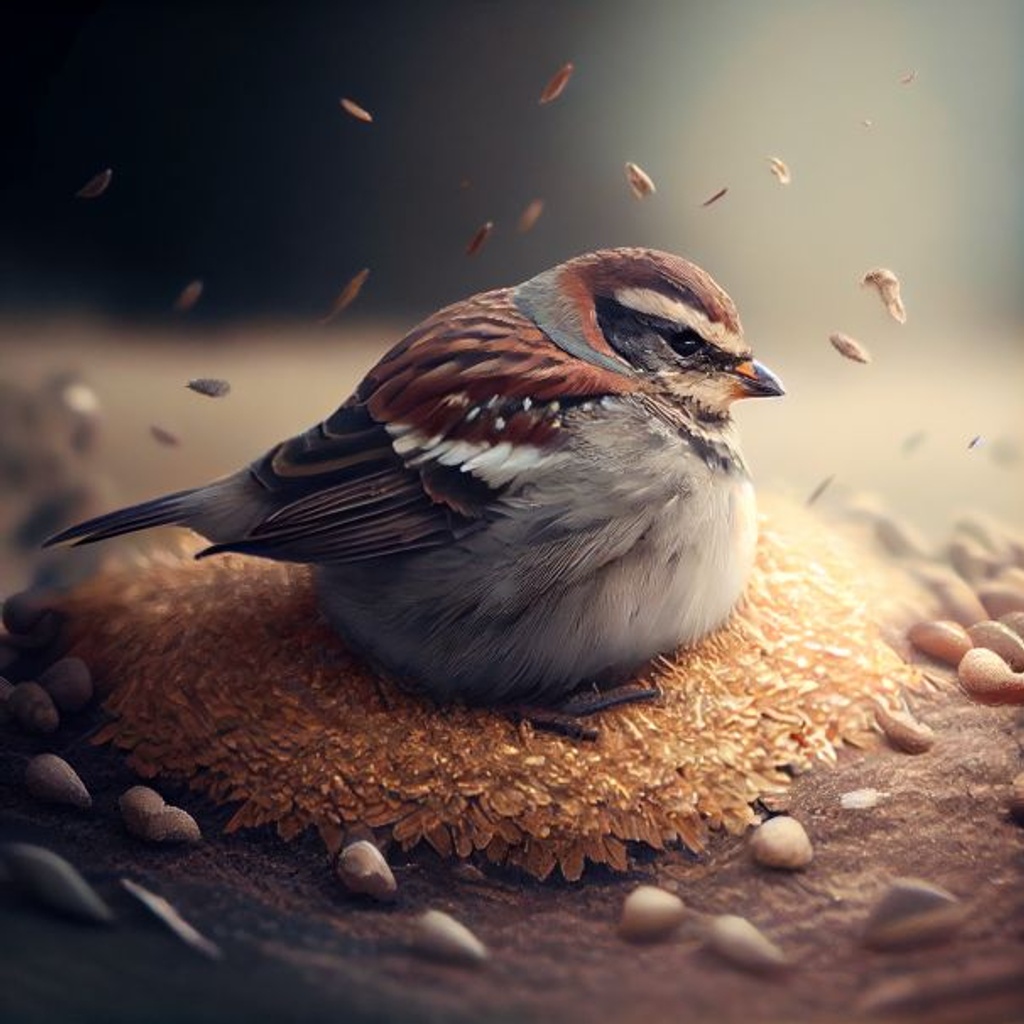 Prompt: a very pregnant sparrow with the largest rounded belly, belly is dragging on ground, surrounded by a pile of seeds