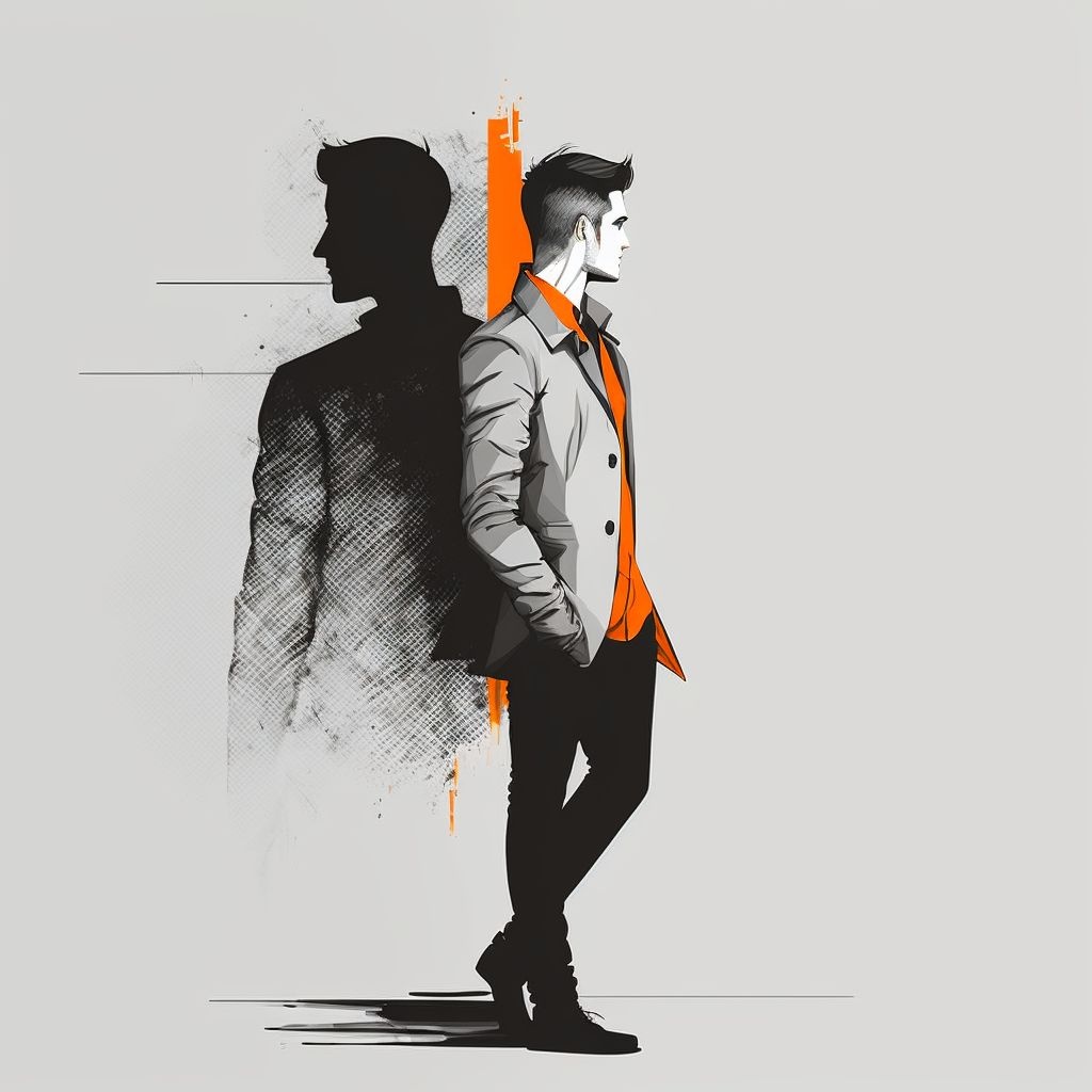 Prompt: side view vector fashion stament leaning onto a grey wall, orange and black