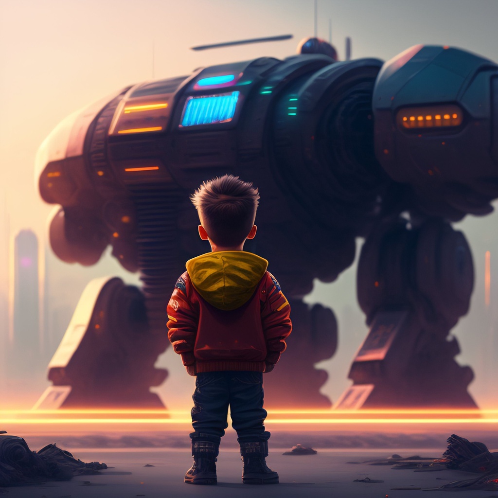 Prompt: a little boy standing in front of a giant robot, cyberpunk art, by Jason Benjamin, digital art, jim carrey as terminator, wadim kashin. ultra realistic, garbage pail kids style, portrait of terminator, cyborg kitten, rossdraws and boris vallejo, cyborg - zombie, over detailed art, the mekanik doll, background artwork