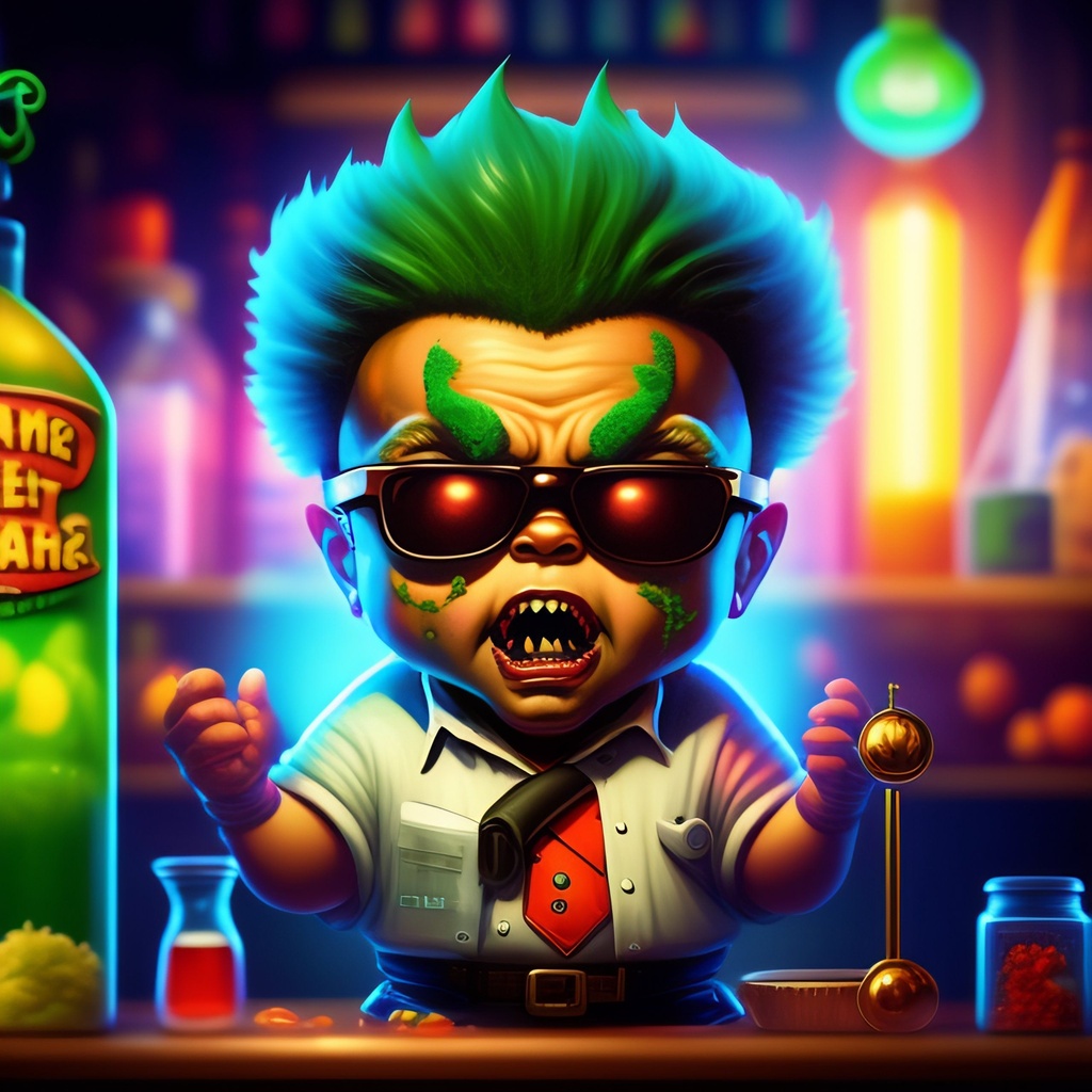 Prompt: mad scientist zombie in the lab, garbage pail kids