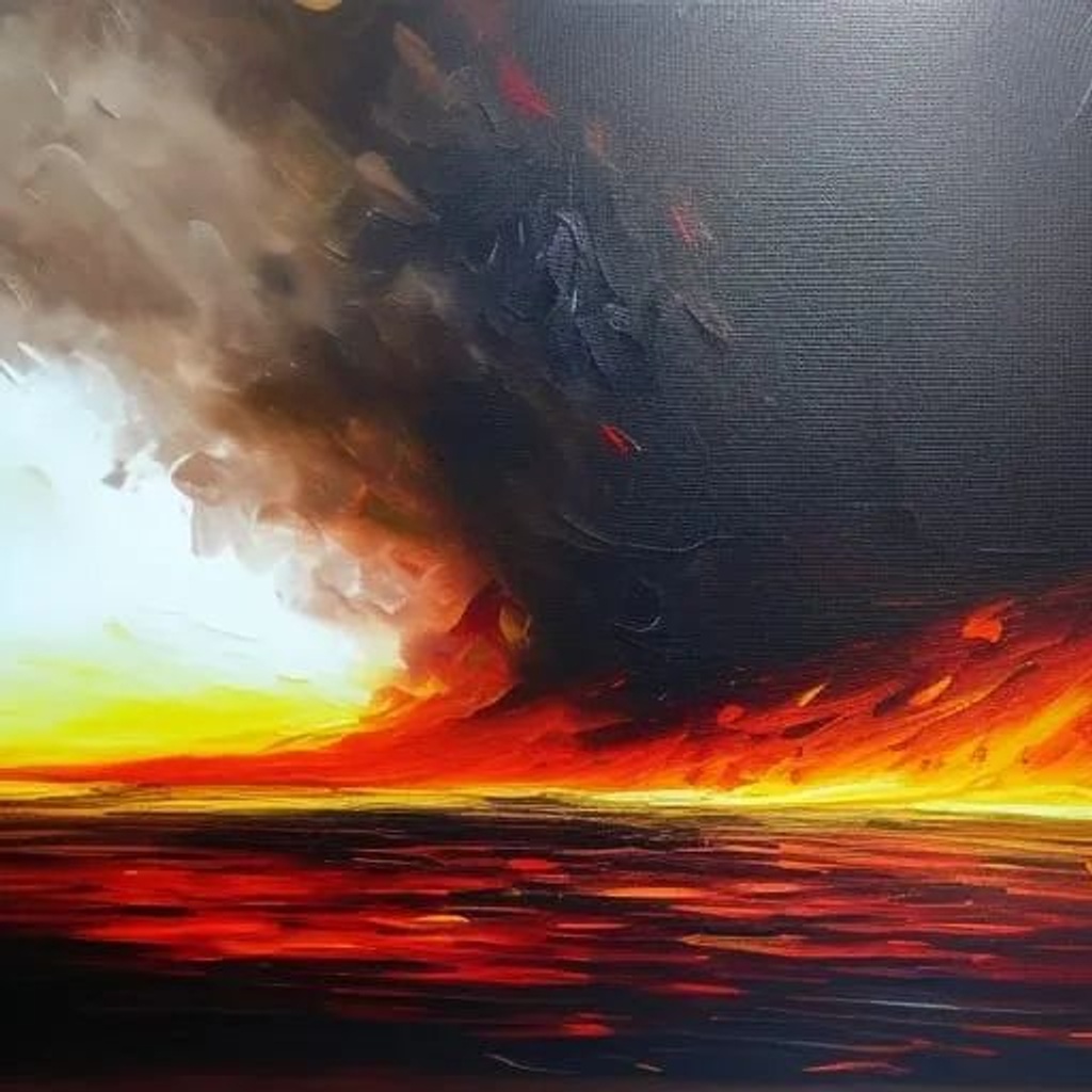 Prompt: Oil painting, big brush strokes, destruction, fire, fear, dark, sunset, dark sunset, epic, light
