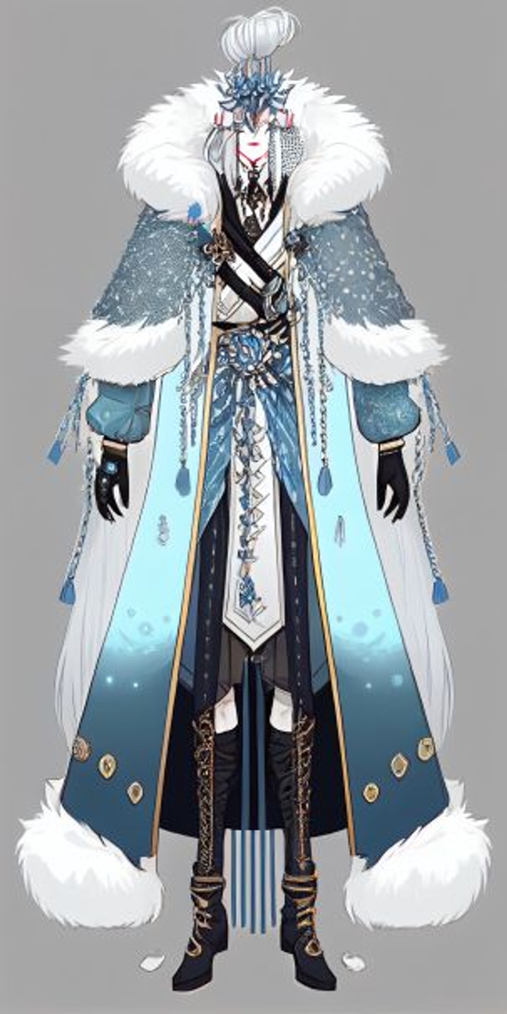 Prompt: dress concept, full body, a long ice blue and white kimono mixed with fur and long leather pants, big thick winter boots with chains, icicle accessories, white armor, easy to move in, battle ready, flowing jacket