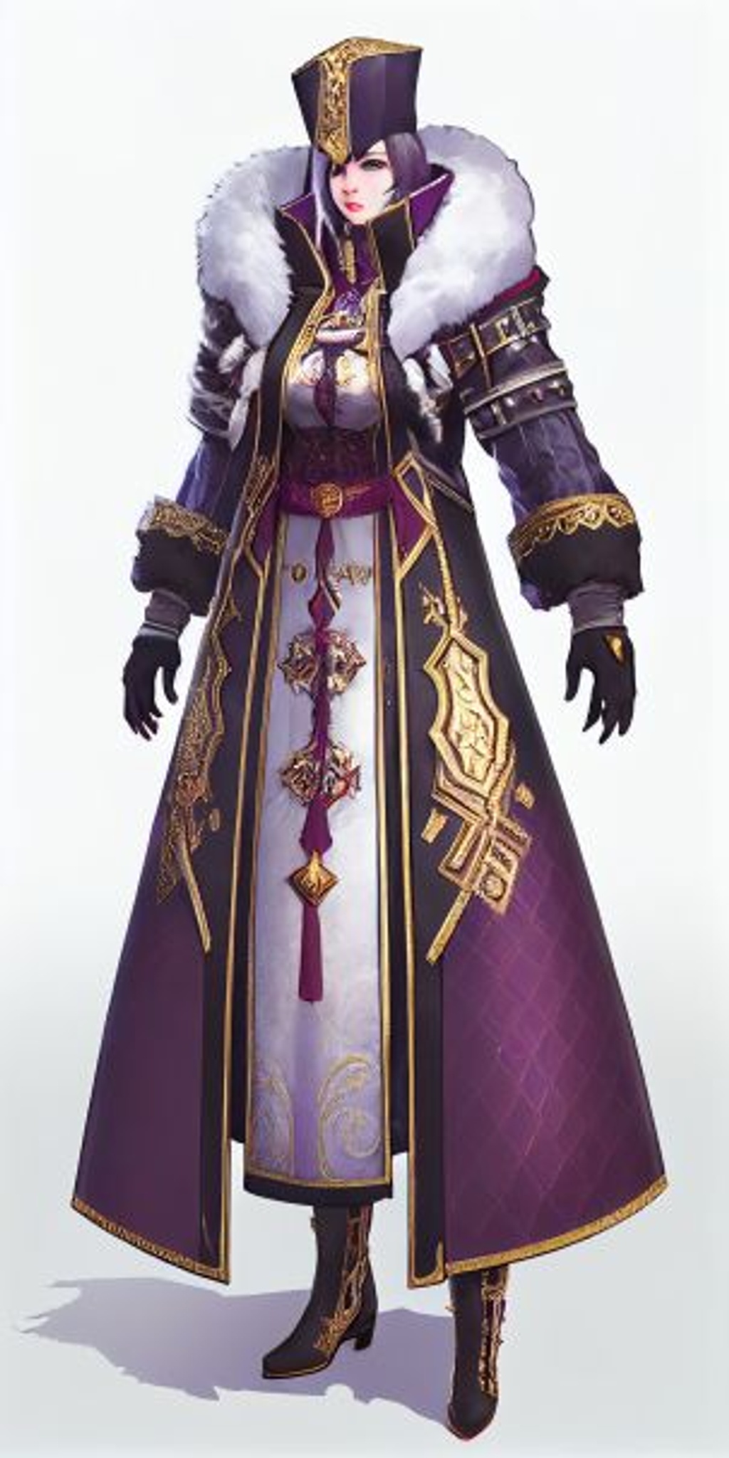 Prompt: clothing concept, genshin impact, full body mannequin, Long purple winter coat with golden detailed russian designs + military + kimono + golden armor, black fur trim on the arms and neck, knee high black boots with thick black buckles and chains, loner, rebel, feminine, female attire, winter gear, cold protection, red and gold jewelery,