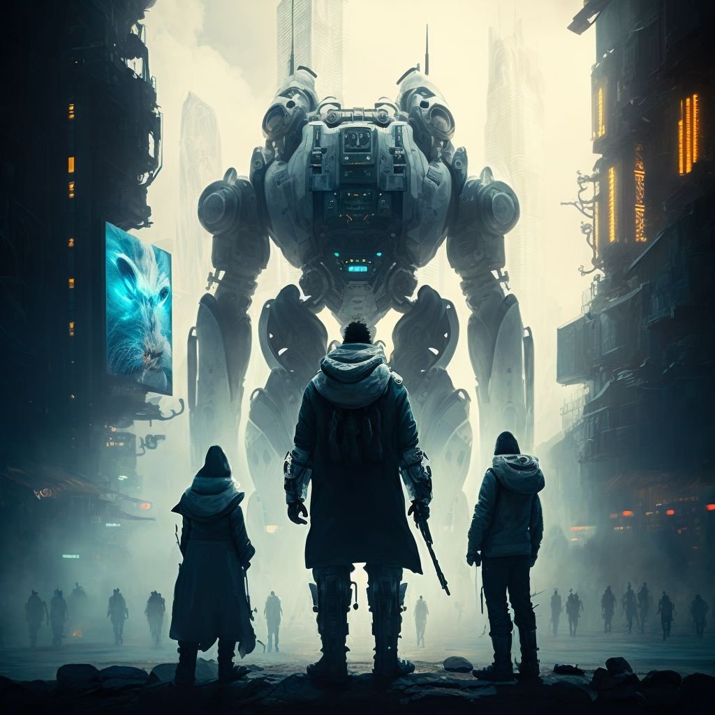 Prompt: scifi people standing surrounded by huge sci fi robotic cyborg city with intricate mechancial and sci-fi details, insane level of details, hyper realistic, cinematic, composition,high contrast