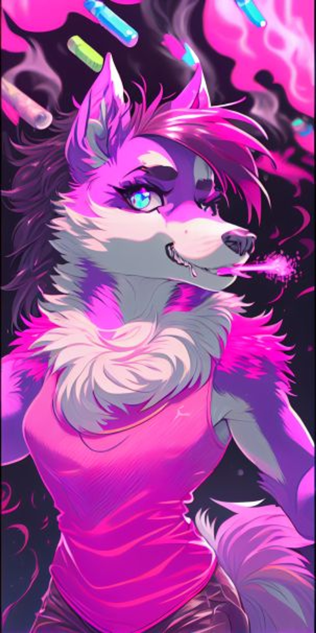 Prompt: anthropromorphic border collie with purple fur, pink tank top with a paw print on it, smoking a roach with smoke coming from it, beautiful blue eyes with long eyelashes, two long ponytails,
