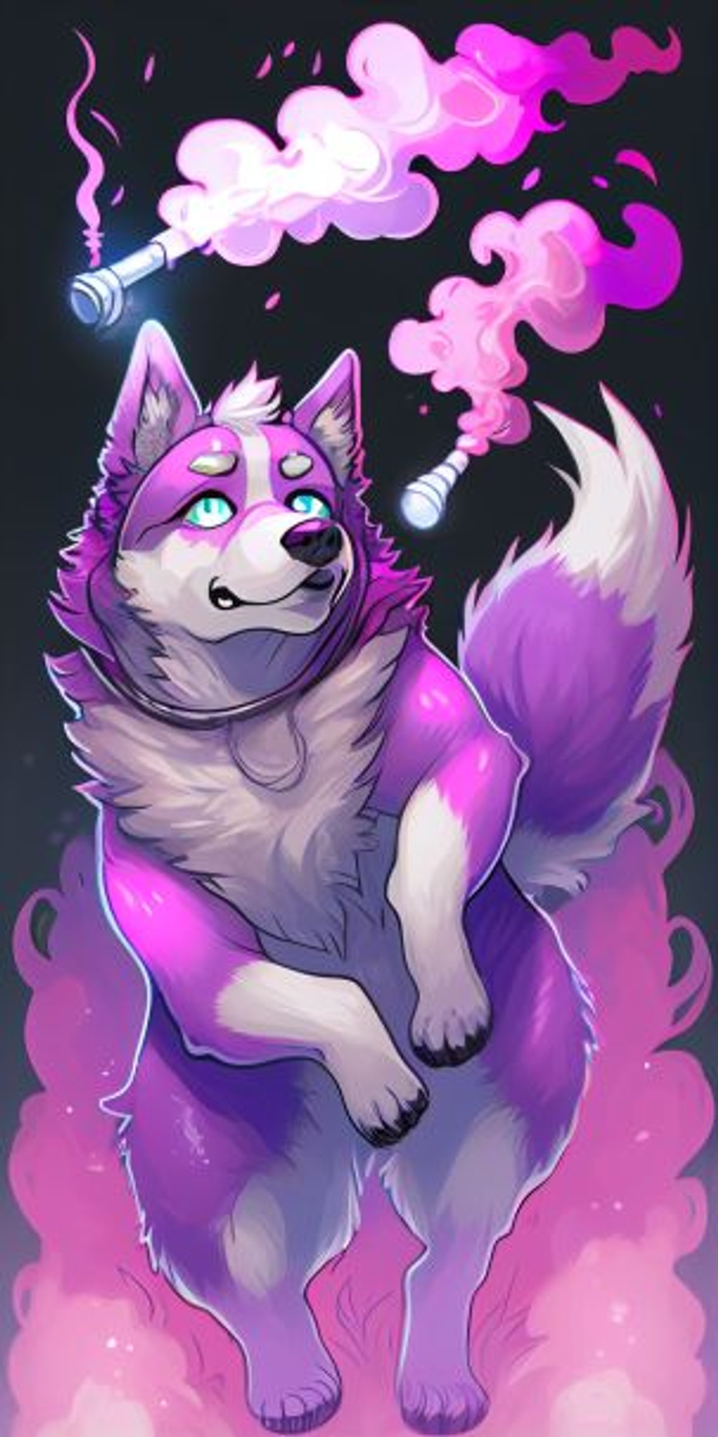 Prompt: anthropromorphic border collie with purple fur, pink tank top with a paw print on it, smoking a roach with smoke coming from it, beautiful blue eyes with long eyelashes, two long ponytails, 