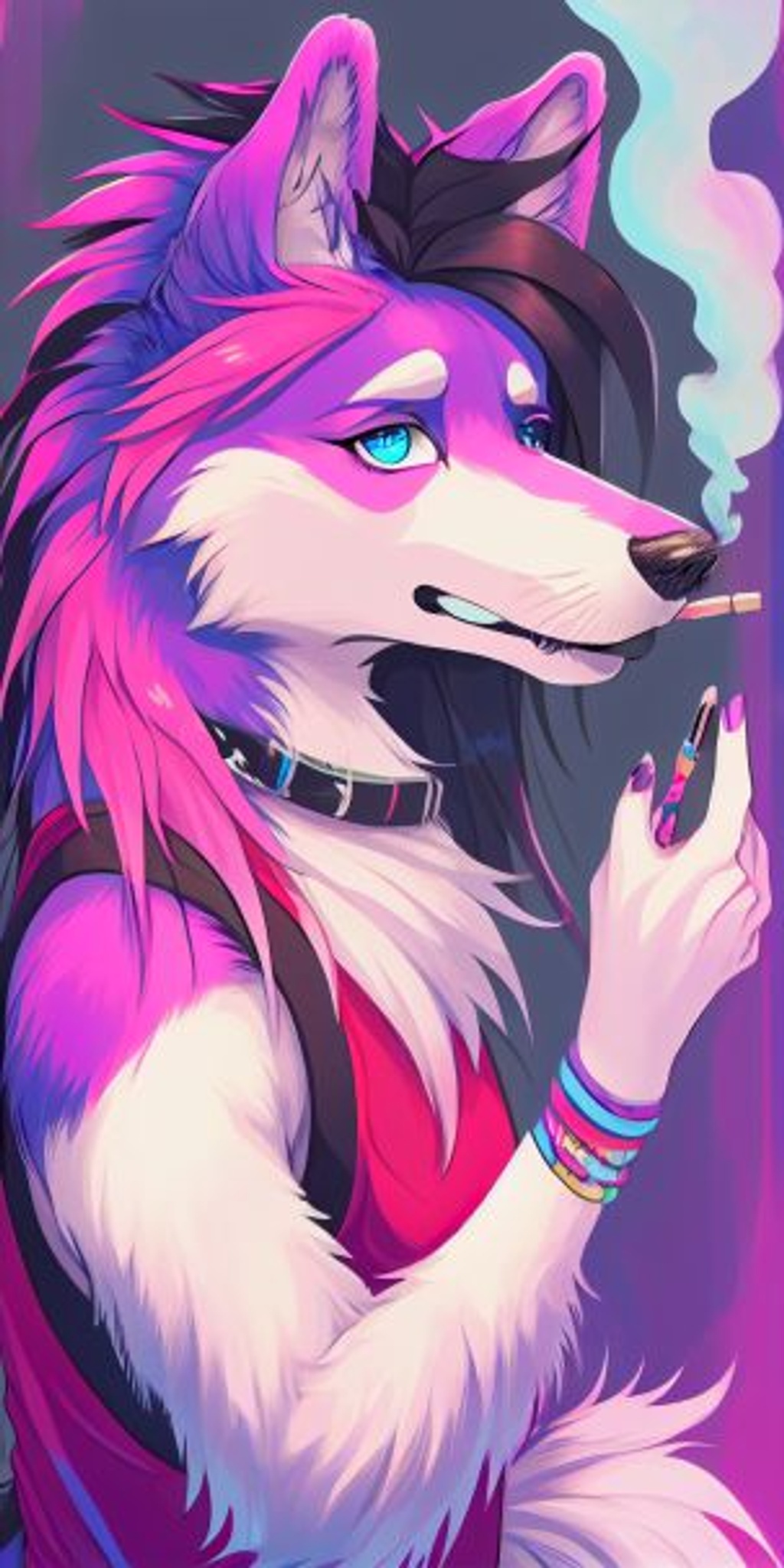 Prompt: anthropromorphic border collie with purple fur, pink tank top with a paw print on it, floppy ear tips, floppy ears, smoking a roach with smoke coming from it, beautiful blue eyes with long eyelashes, two long ponytails