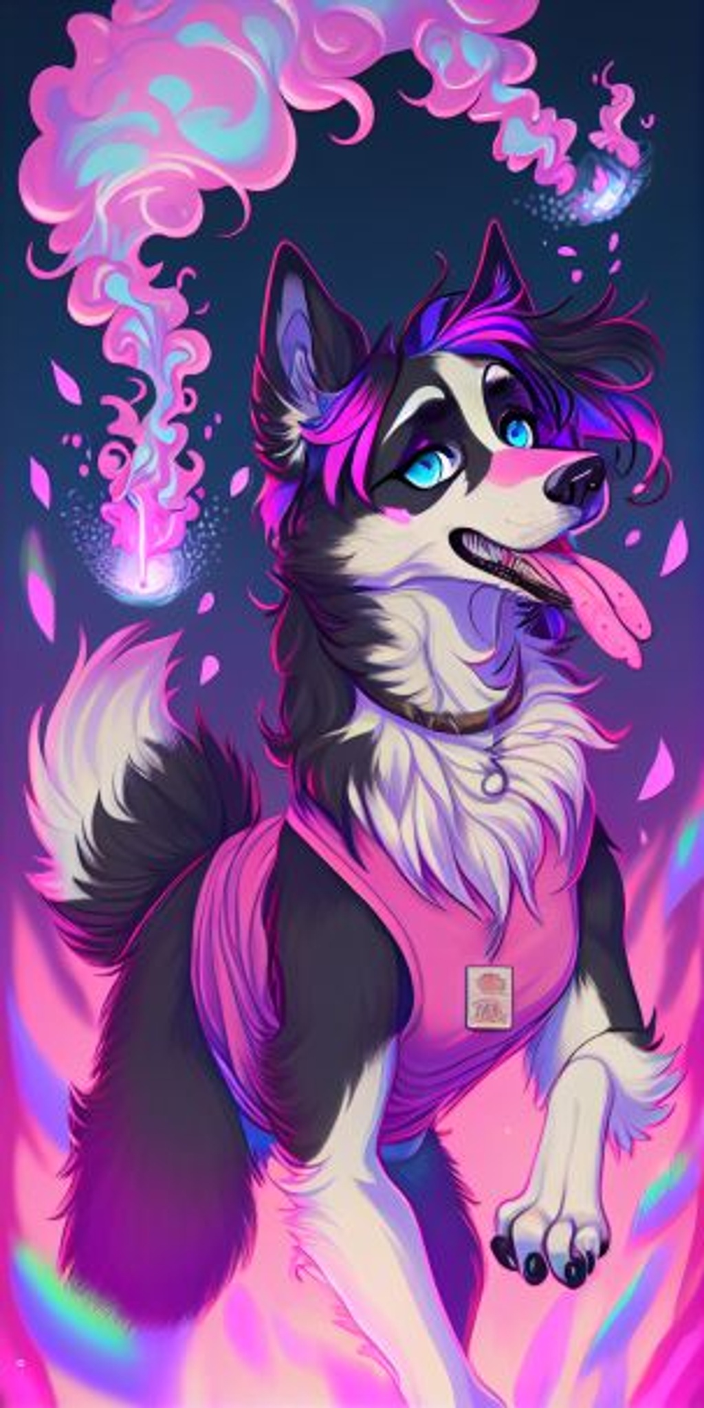 Prompt: anthropromorphic border collie with purple fur, pink tank top with a paw print on it, floppy ear tips, floppy ears, smoking a roach with smoke coming from it, beautiful blue eyes with long eyelashes, two long ponytails 