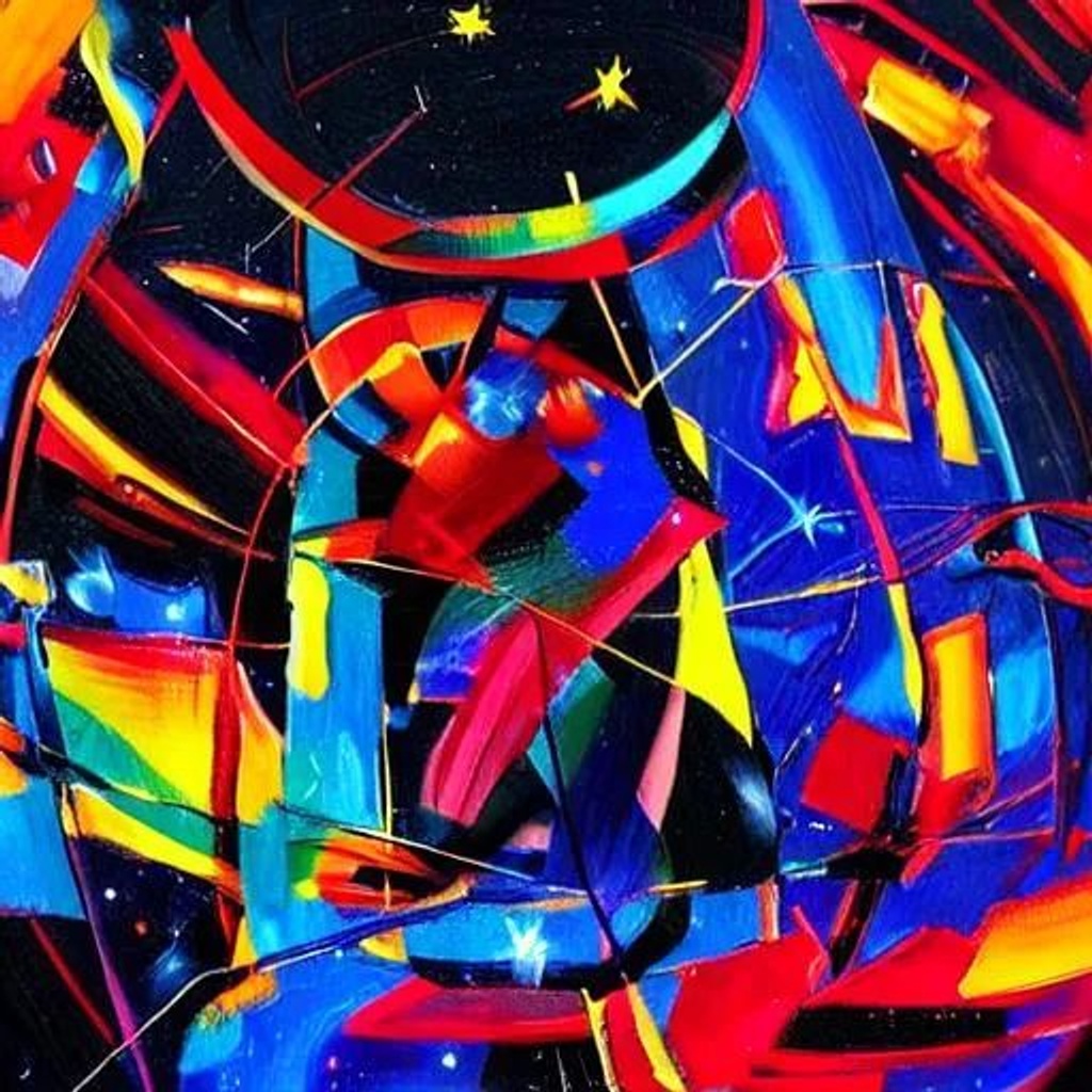 Prompt: A colourful black hole, painting, big brush strokes, colours, abstract, photography, pop style, cubism, stars, galaxies, black hole, epic, cinematic model: