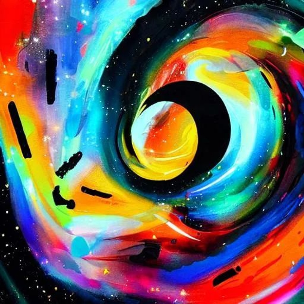 Prompt: A colourful black hole, painting, big brush strokes, colours, abstract, photography, pop style, cubism, stars, galaxies, black hole, epic, cinematic model: