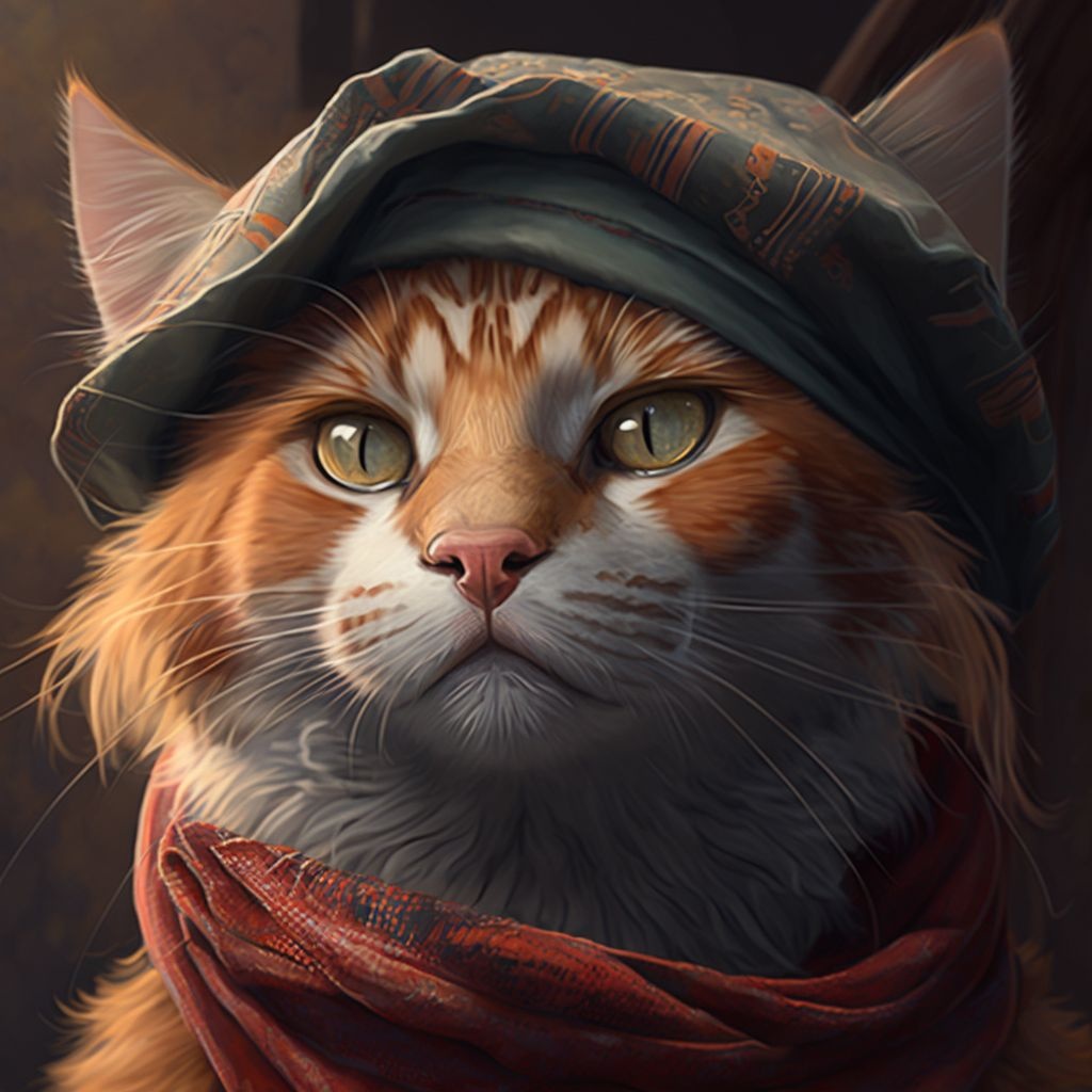 Prompt: a close up of a cat wearing a hat and scarf, a digital painting, by Galen Dara, Artstation, portrait of bedouin d&d, andrey gordeev, “portrait of a cartoon animal, hippy, kerem beyit, at behance, painterly illustration