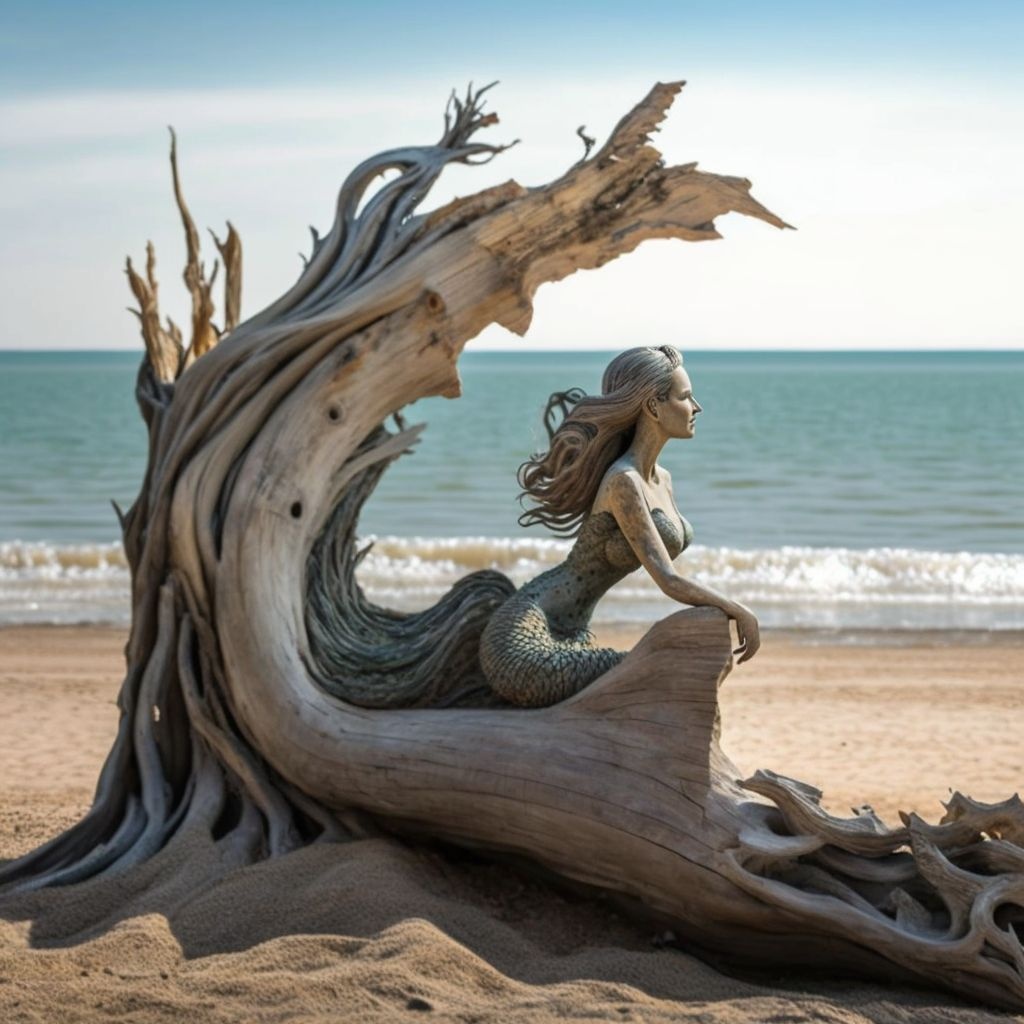 Prompt: mermaid made of driftwood on a beach