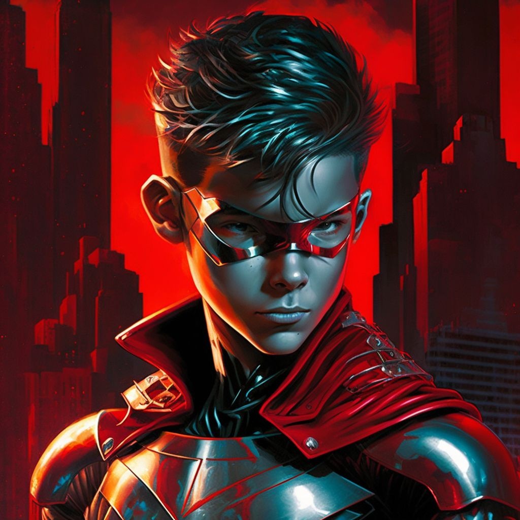 Prompt: "embossed metallic superboy" in a futuristic city, comic book